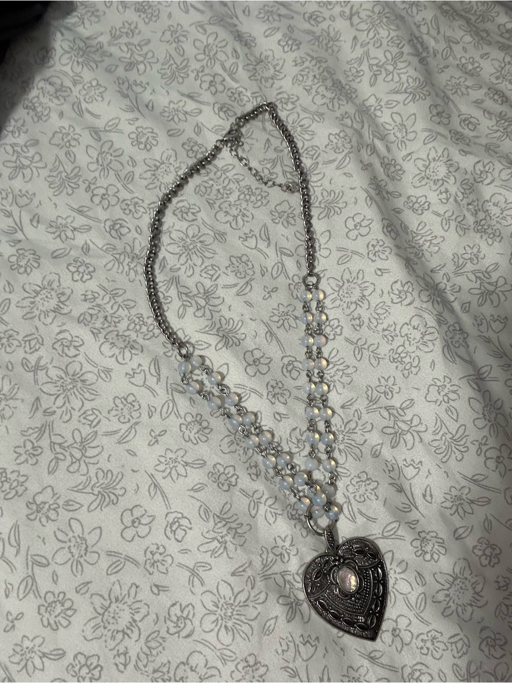 EARTHBOUND Silver Heart Necklace with White Beaded Strands
